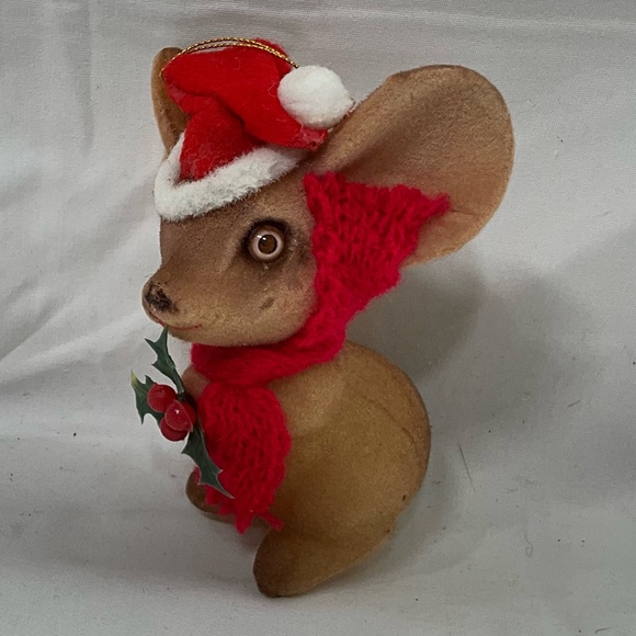 Vintage Brown Fuzzy Christmas Mouse Tree Ornament With Gold Hanger String - Picture 2 of 7